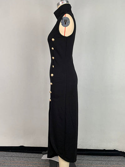 Bodycon Sleeveless Buttoned Solid Color Split-Side High Neck Maxi Dresses