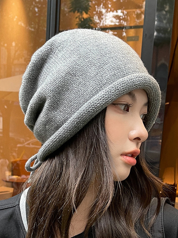 Drawstring Keep Warm Solid Color Tied Knitted Hats