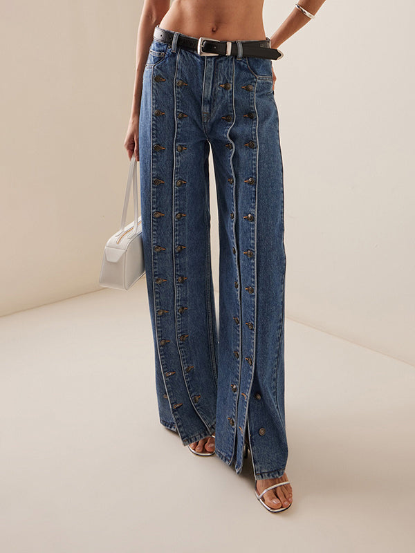 High Waisted Buttoned No Belt Split-Joint Jean Pants Bottoms