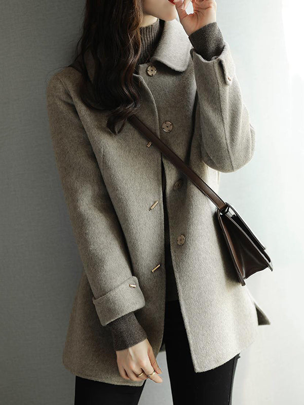 Long Sleeves Loose Buttoned Pockets Solid Color Lapel Woolen Coat
