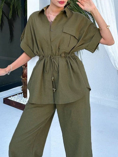 Loose Drawstring Split-Joint Tied Waist Lapel Blouse + High Waisted Pants Trousers Two Pieces Set