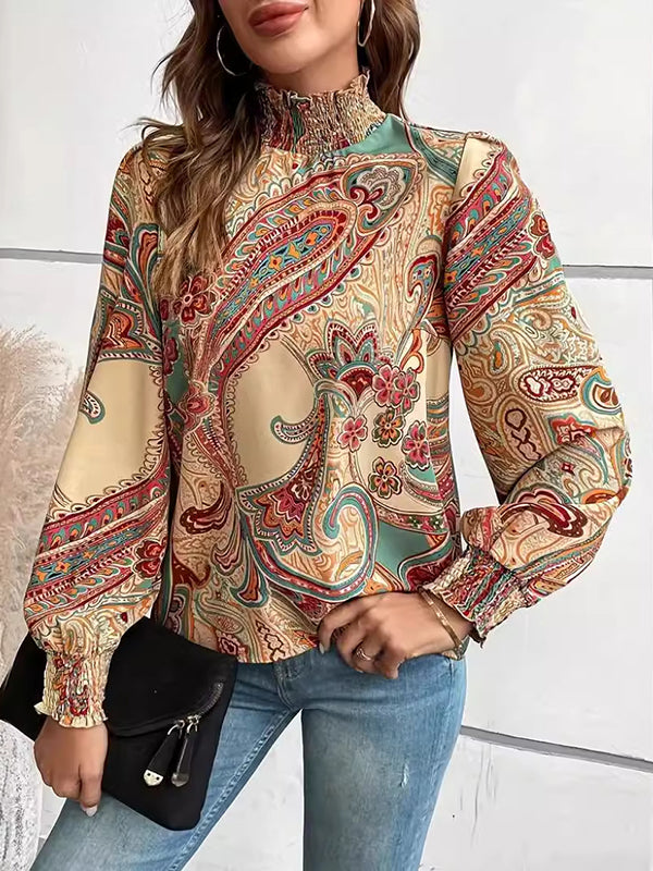 Long Sleeves Loose Buttoned Elasticity Flower Print Hollow Split-Joint Mock Neck Blouses&Shirts Tops