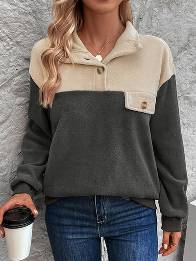 Long Sleeves Loose Buttoned Contrast Color Split-Joint Velvet Stand Collar Sweatshirt Tops