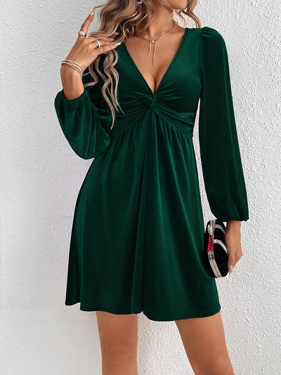 A-Line High Waisted Knot Pleated Solid Color Split-Joint Velvet Deep V-Neck Mini Dresses