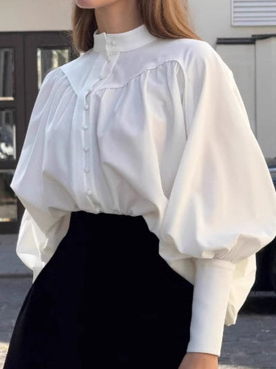 Long Sleeves Loose Buttoned Pleated Solid Color Split-Joint Stand Collar Blouses&Shirts Tops
