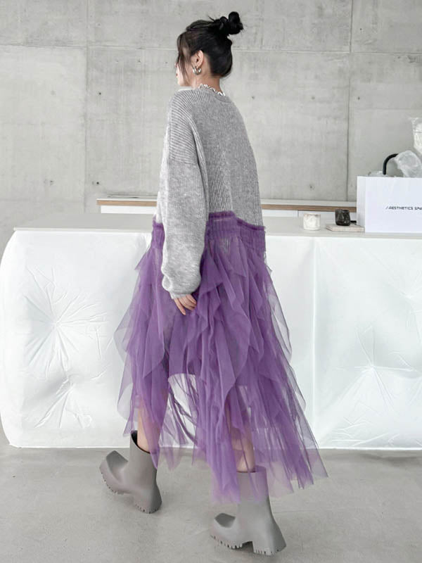 High-Low Irregularity Buttoned Contrast Color Mesh Pleated Ribs Split-Joint Collarless Cardigan Tops Outerwear