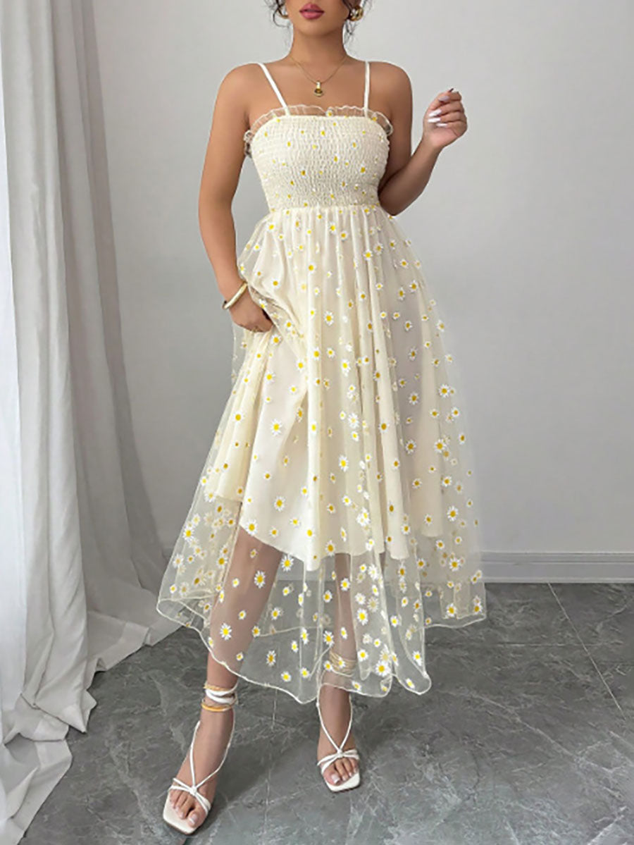 High Waisted Sleeveless Flower Print Layered Pleated Spaghetti-Neck Midi Dresses