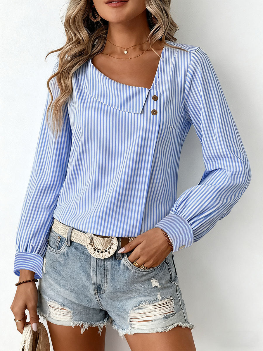 Long Sleeves Buttoned Split-Joint Striped Asymmetric Collar Blouses&Shirts Tops