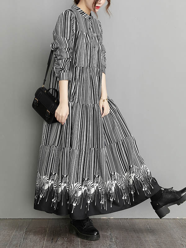 Vintage Loose Striped Buttoned Stand Collar Long Sleeves Midi Dress