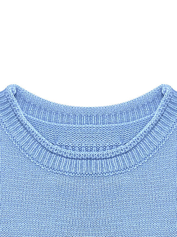 Long Sleeves Loose Solid Color Split-Joint Round-Neck Sweater Tops