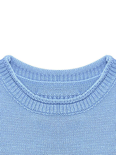 Long Sleeves Loose Solid Color Split-Joint Round-Neck Sweater Tops