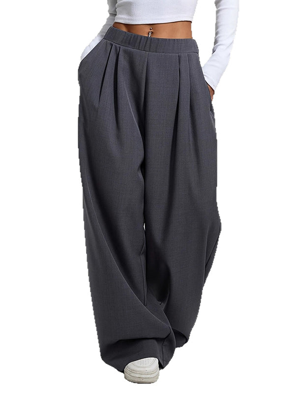 High Waisted Loose Pleated Pockets Solid Color Pants Trousers