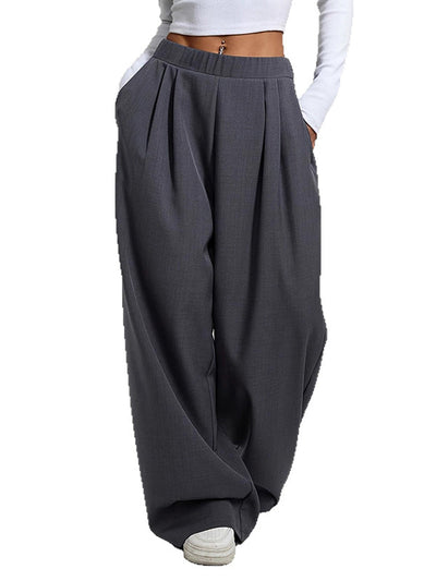 High Waisted Loose Pleated Pockets Solid Color Pants Trousers