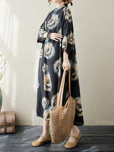 Loose Three-quarter Sleeves Buttoned Flower Print Stand Collar Midi Dresses