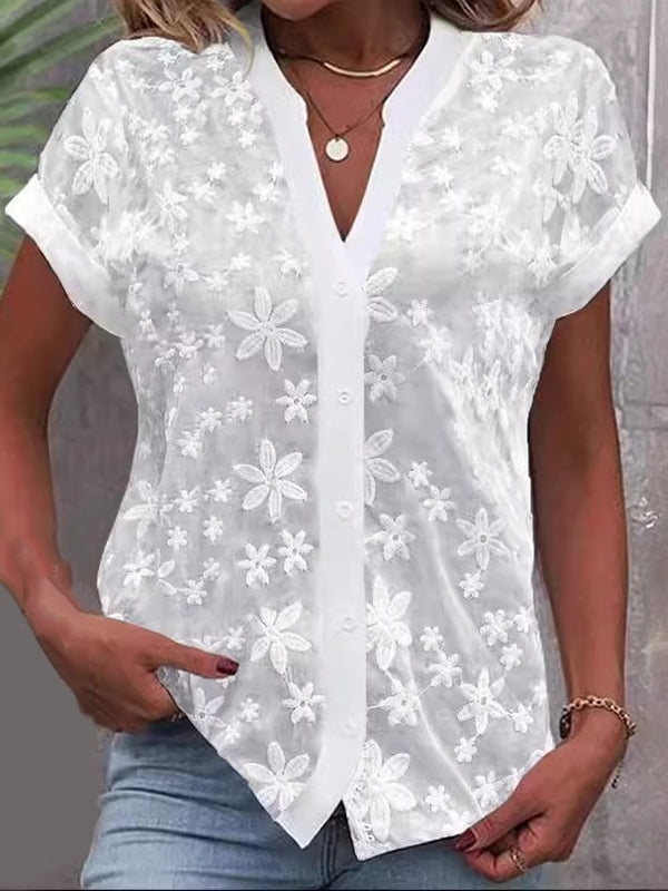 Loose Raglan Sleeve Embroidered See-Through Solid Color Split-Joint Stand Collar Blouses&Shirts Tops