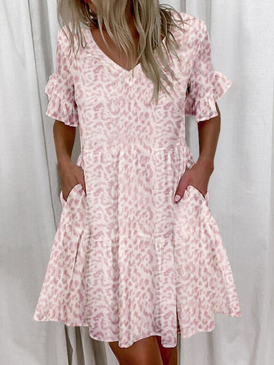 A-Line High Waisted Contrast Color Pleated Pockets Printed Split-Joint V-Neck Midi Dresses
