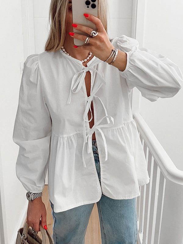 Long Sleeves Loose Elasticity Solid Color Split-Joint Tied Round-Neck Blouses&Shirts Tops