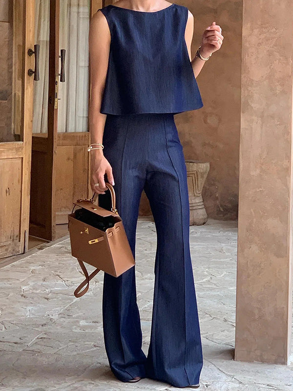 Loose Sleeveless Solid Color Split-Joint Boat Neck Vest Top