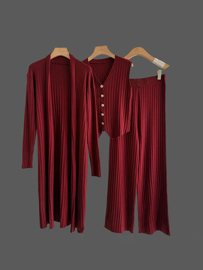 Knitting Sleeveless V-Neck Vest Top +  Long Sleeves Cardigan + High Waisted Pants Three Pieces Set