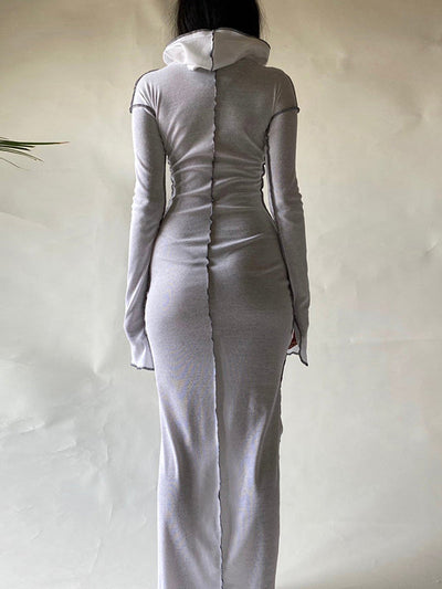 Long Sleeves Plus Size Solid Color Split-Joint Hooded Maxi Dresses