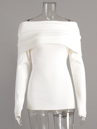 Long Sleeves Loose Solid Color Off-The-Shoulder Pullovers Sweater Tops
