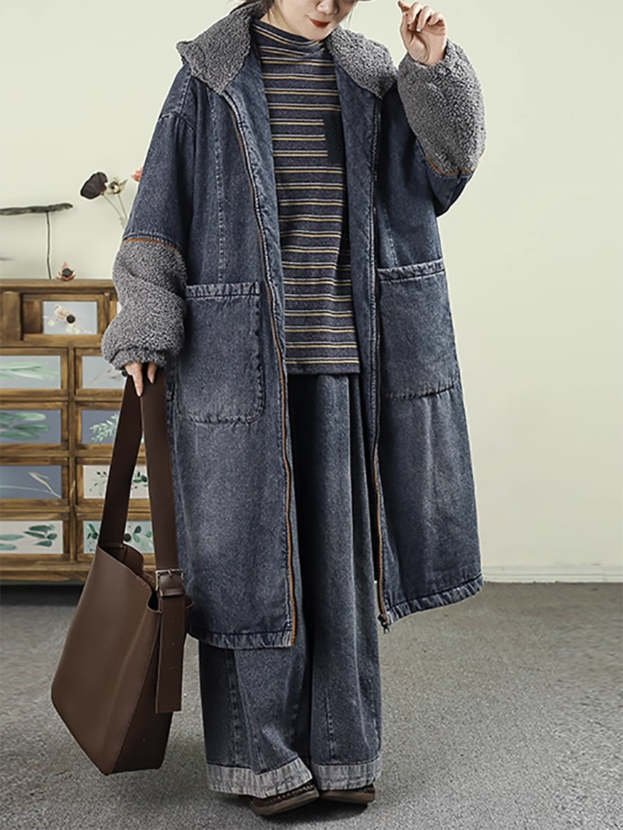 Women Winter Denim Spliced Lamb Fleece Hooded Coat