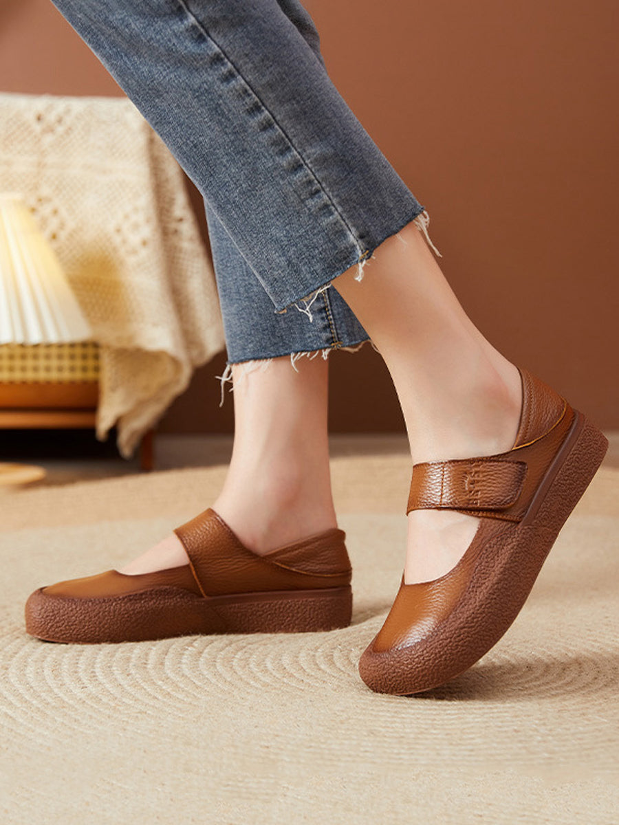 Women Casual Summer Pure Color Genuine Leather Flat Shoes
