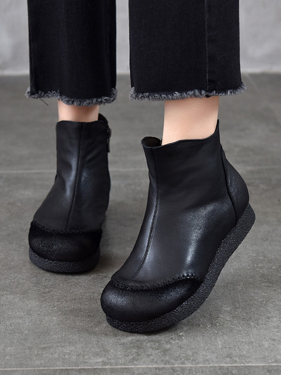 Women Genuine Leather Spliced Fleece-lined Flat Ankle Boots