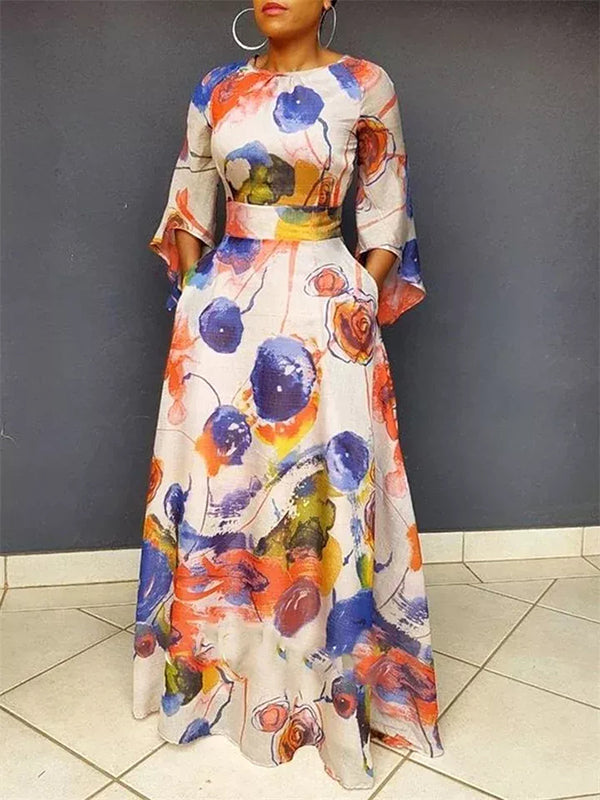 High Waisted Loose Contrast Color Pockets Round-Neck Maxi Dresses