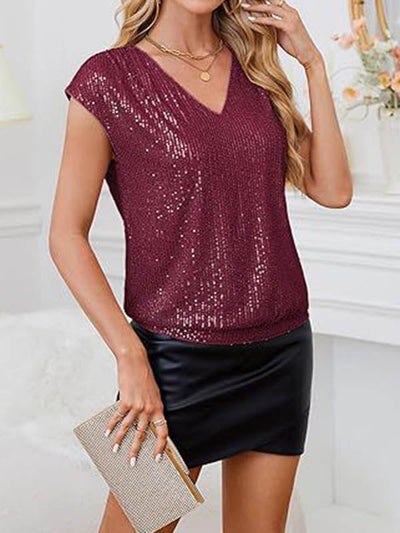 Loose Raglan Sleeve Sequined Solid Color V-Neck T-Shirts Tops