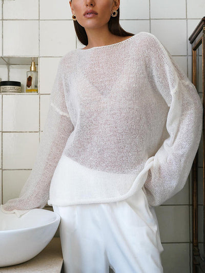 Long Sleeves Loose See-Through Solid Color Split-Joint Round-Neck Sweater Tops