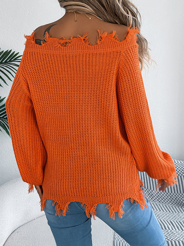 Long Sleeves Hollow Knitted Leaves Ribbed Knit See-Through Solid Color Off-The-Shoulder Sweater Tops
