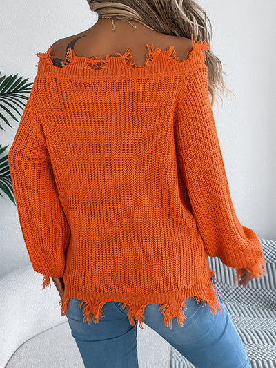 Long Sleeves Hollow Knitted Leaves Ribbed Knit See-Through Solid Color Off-The-Shoulder Sweater Tops