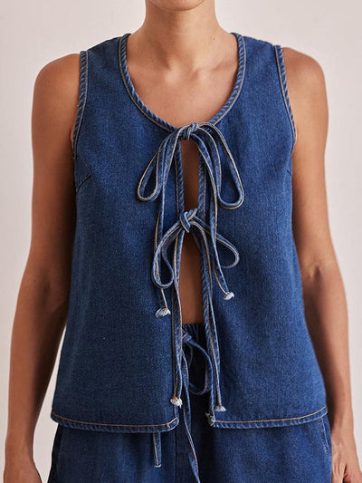 Loose Sleeveless Lace-Up Split-Joint Round-Neck Vest Top