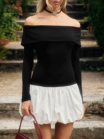 High Waisted Long Sleeves Contrast Color Pleated Split-Joint Off-The-Shoulder Mini Dresses