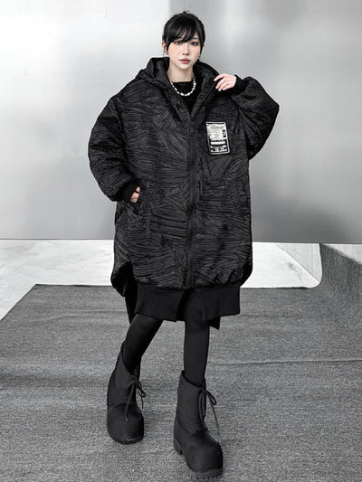 High-Low Irregularity Abstract Printed Contrast Color Split-Joint Zipper Hooded Outerwear Overcoat