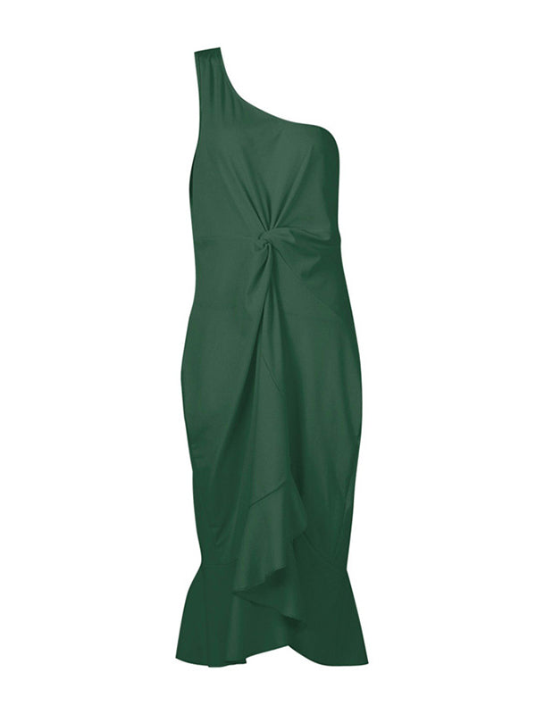 Bodycon High Waisted Asymmetric Pleated Solid Color One-Shoulder Midi Dresses