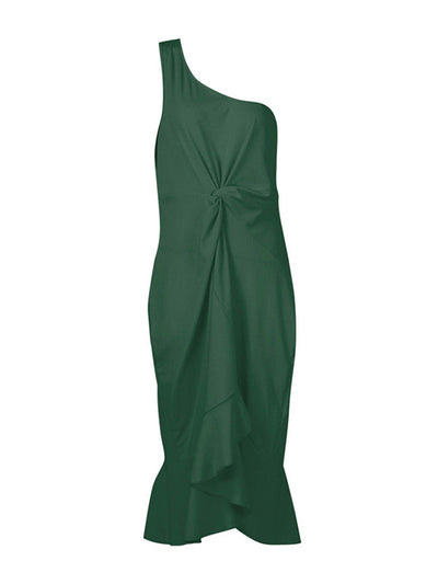 Bodycon High Waisted Asymmetric Pleated Solid Color One-Shoulder Midi Dresses