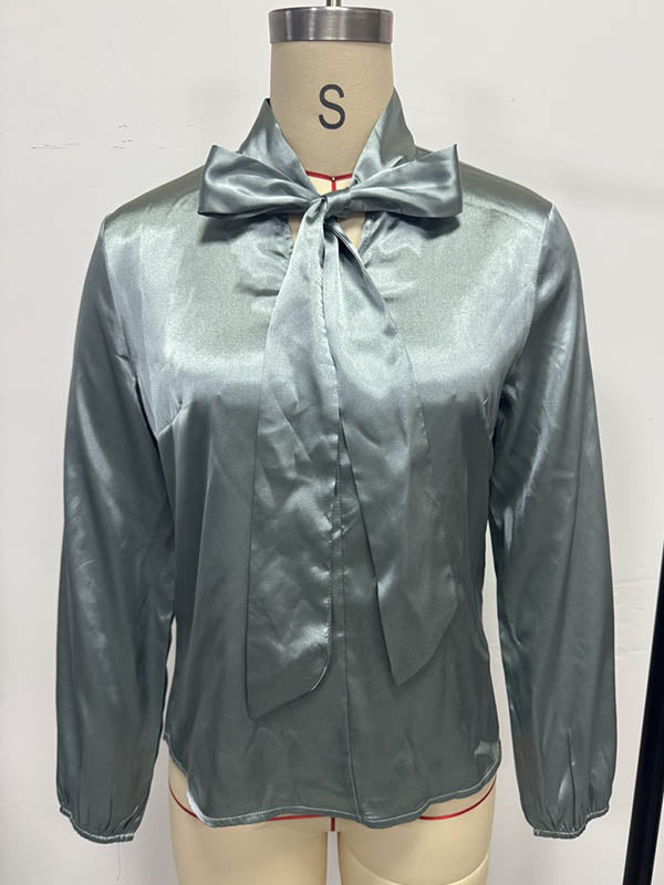 Long Sleeves Loose Bow-Embellished Pleated Solid Color Split-Joint Scarf Collar Blouses&Shirts Tops