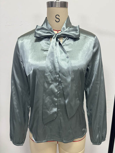 Long Sleeves Loose Bow-Embellished Pleated Solid Color Split-Joint Scarf Collar Blouses&Shirts Tops