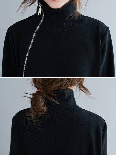 Artistic Retro Loose Zipper High-Neck Long Sleeves Sweatshirt Top
