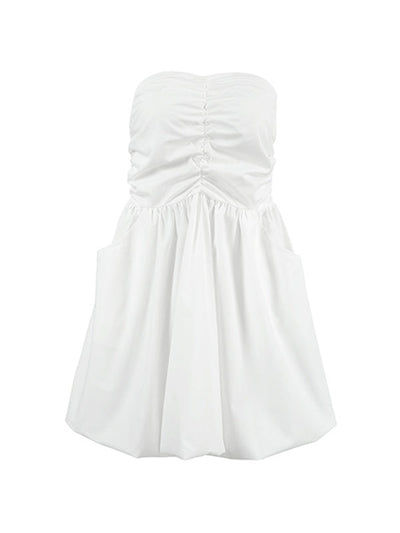 A-Line High Waisted Elasticity Pleated Pockets Solid Color Tube Mini Dresses