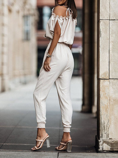 Batwing Sleeves Loose Elasticity Hollow Pleated Pockets Solid Color Tied V-Neck Jumpsuits