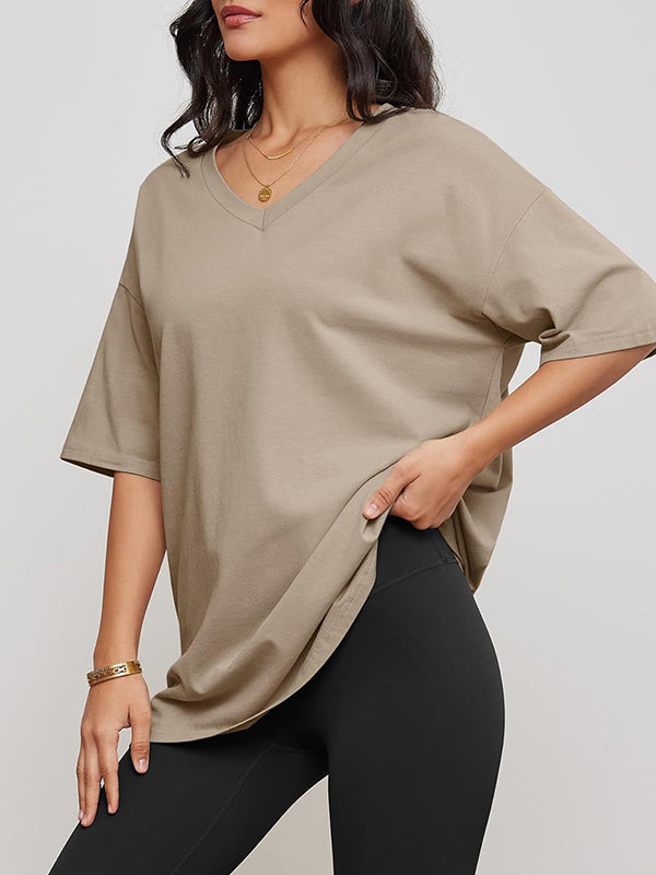 Short Sleeves Solid Color Split-Joint V-Neck T-Shirts