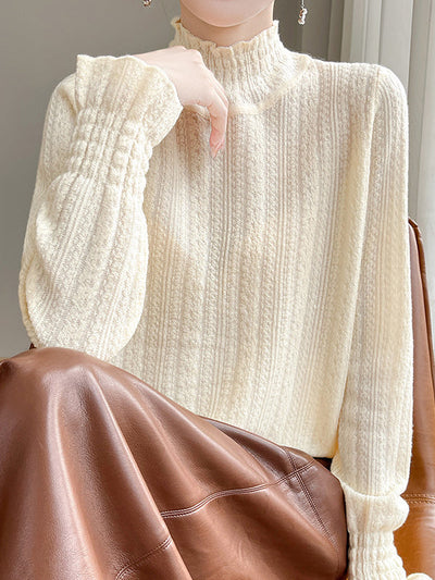 Long Sleeves Loose Elasticity Ruffle Trim Solid Color Mock Neck T-Shirts Tops