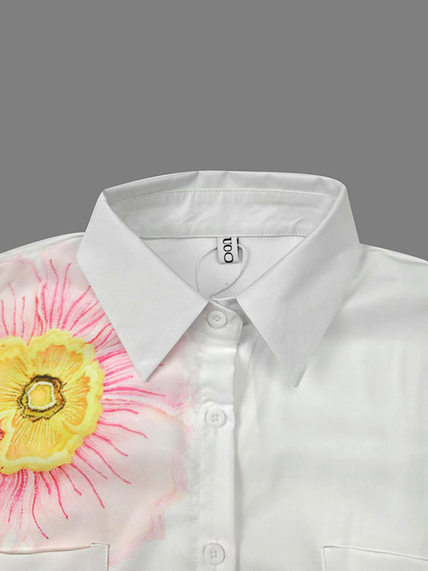 High-Low Loose Asymmetric Floral Printed Split-Joint Split-Side Lapel Blouses