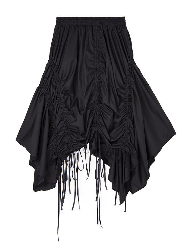 A-Line Elasticated Waist Asymmetric Drawstring Pleated Solid Color Skirts Bottoms