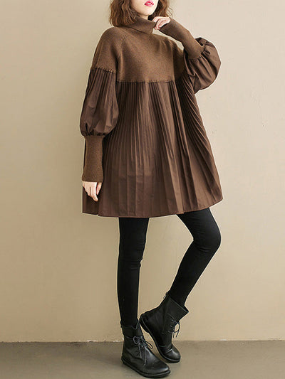 Knitting Pleats Split-Joint High-Neck Pullover Top