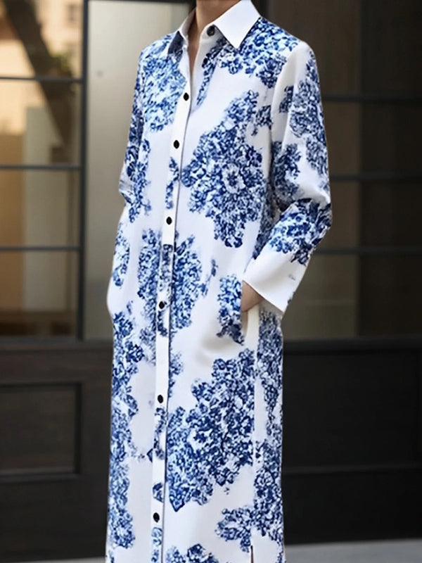 Long Sleeves Buttoned Printed Split-side Lapel Maxi Dresses Shirt Dress