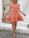 A-Line Loose Buttoned Pleated Polka-Dot Tied Waist Round-Neck Mini Dresses